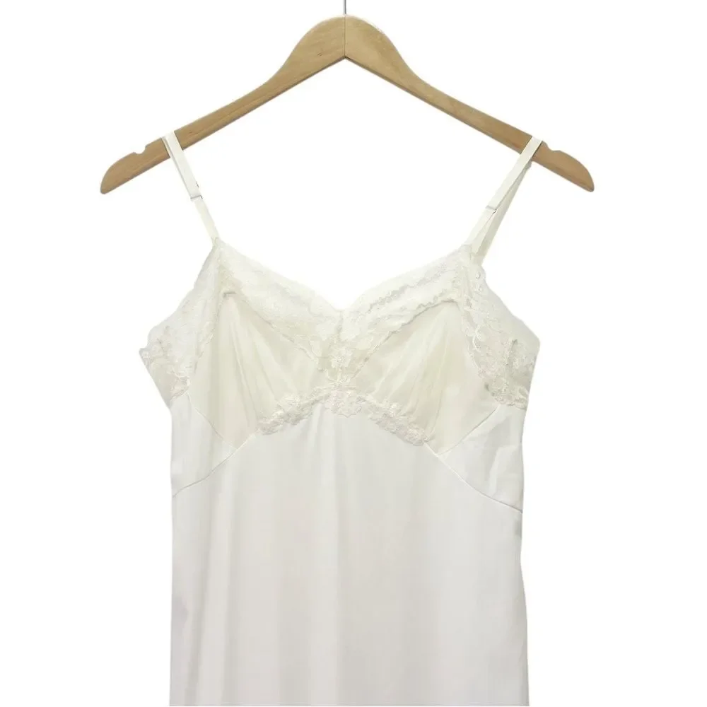 Vintage White Nylon Full Slip Lace Trim Adjustable Straps 1950s Era Lingerie
